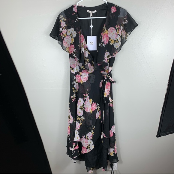 WAYF | Pink and Black Polermo Floral Print Maxi Wrap Dress | Size XS - Picture 2 of 7